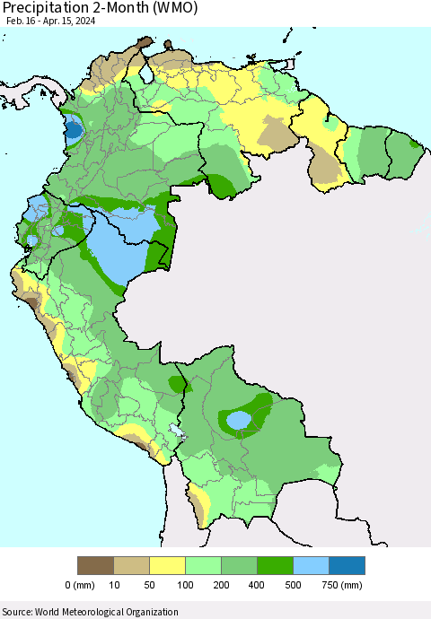Northern South America Precipitation 2-Month (WMO) Thematic Map For 2/16/2024 - 4/15/2024