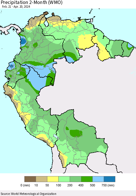 Northern South America Precipitation 2-Month (WMO) Thematic Map For 2/21/2024 - 4/20/2024
