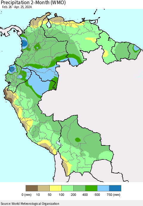 Northern South America Precipitation 2-Month (WMO) Thematic Map For 2/26/2024 - 4/25/2024