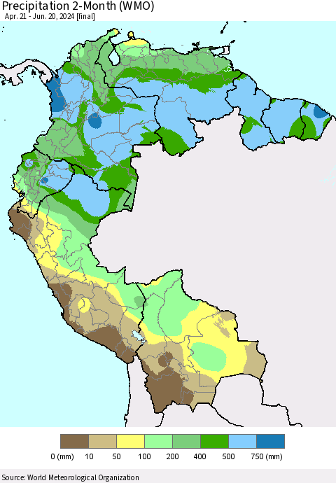 Northern South America Precipitation 2-Month (WMO) Thematic Map For 4/21/2024 - 6/20/2024