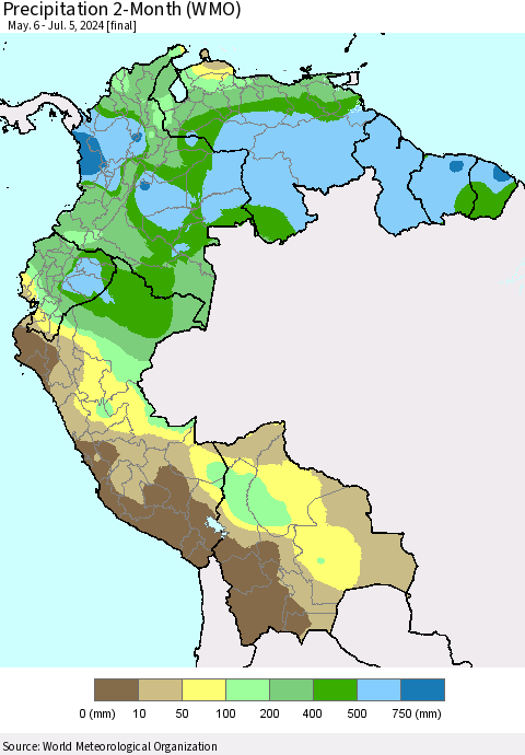 Northern South America Precipitation 2-Month (WMO) Thematic Map For 5/6/2024 - 7/5/2024