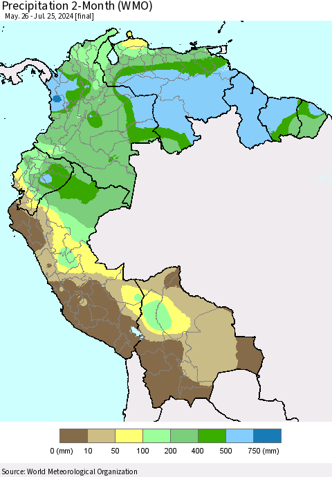 Northern South America Precipitation 2-Month (WMO) Thematic Map For 5/26/2024 - 7/25/2024