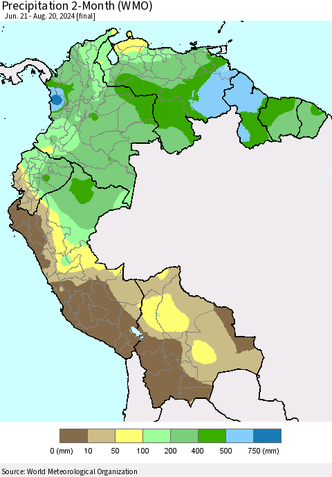 Northern South America Precipitation 2-Month (WMO) Thematic Map For 6/21/2024 - 8/20/2024