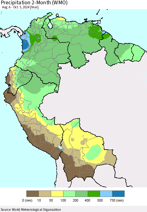 Northern South America Precipitation 2-Month (WMO) Thematic Map For 8/6/2024 - 10/5/2024