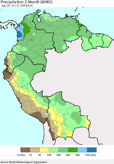 Northern South America Precipitation 2-Month (WMO) Thematic Map For 8/26/2024 - 10/25/2024