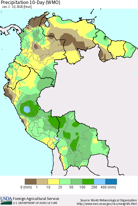 Northern South America Precipitation 10-Day (WMO) Thematic Map For 1/1/2020 - 1/10/2020