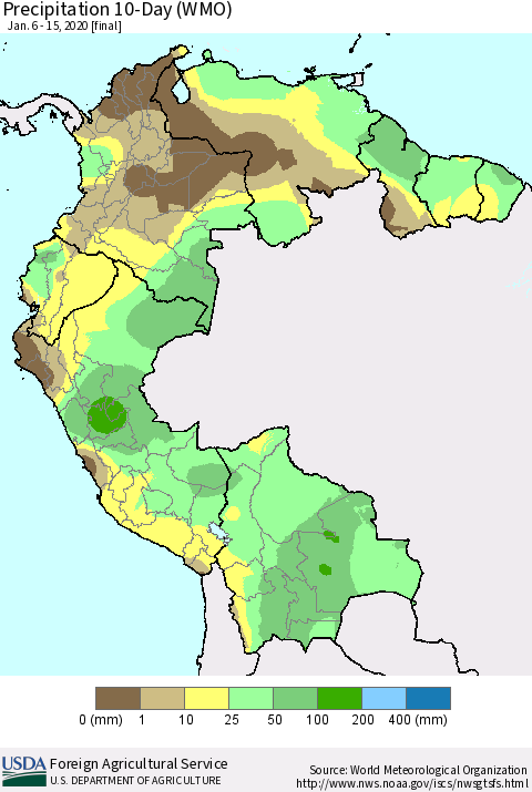 Northern South America Precipitation 10-Day (WMO) Thematic Map For 1/6/2020 - 1/15/2020