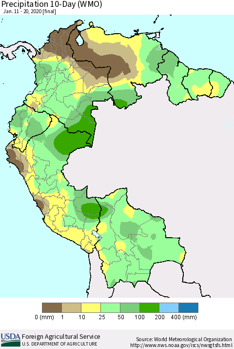 Northern South America Precipitation 10-Day (WMO) Thematic Map For 1/11/2020 - 1/20/2020