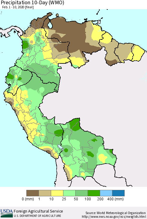 Northern South America Precipitation 10-Day (WMO) Thematic Map For 2/1/2020 - 2/10/2020
