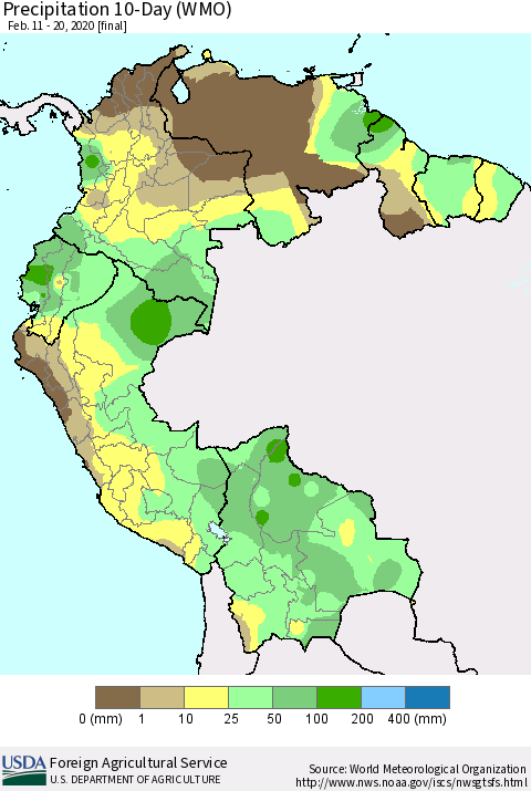 Northern South America Precipitation 10-Day (WMO) Thematic Map For 2/11/2020 - 2/20/2020