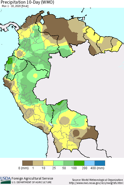 Northern South America Precipitation 10-Day (WMO) Thematic Map For 3/1/2020 - 3/10/2020