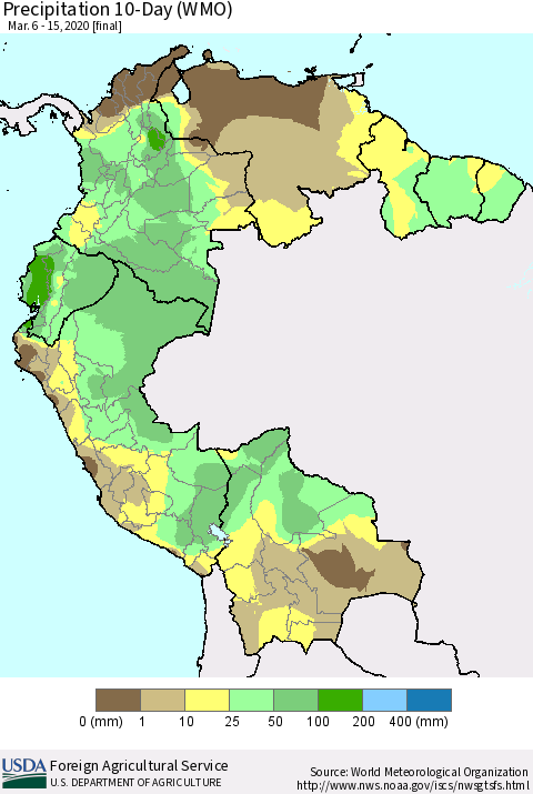 Northern South America Precipitation 10-Day (WMO) Thematic Map For 3/6/2020 - 3/15/2020
