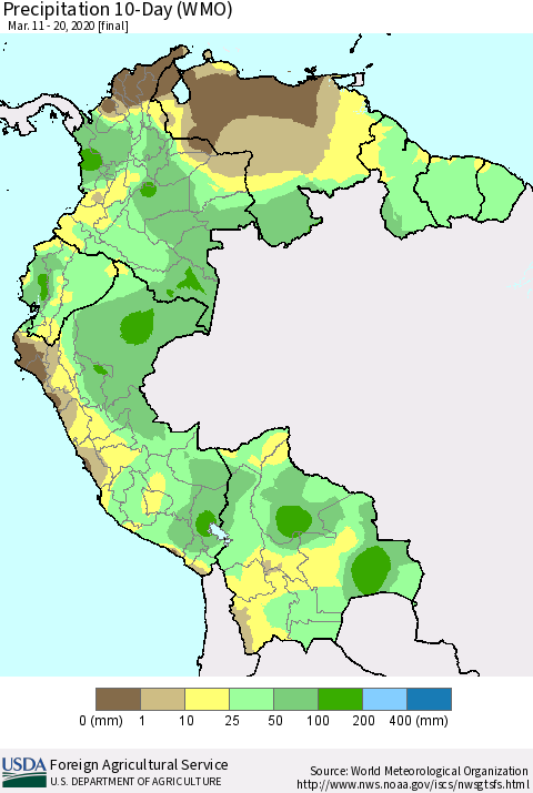 Northern South America Precipitation 10-Day (WMO) Thematic Map For 3/11/2020 - 3/20/2020