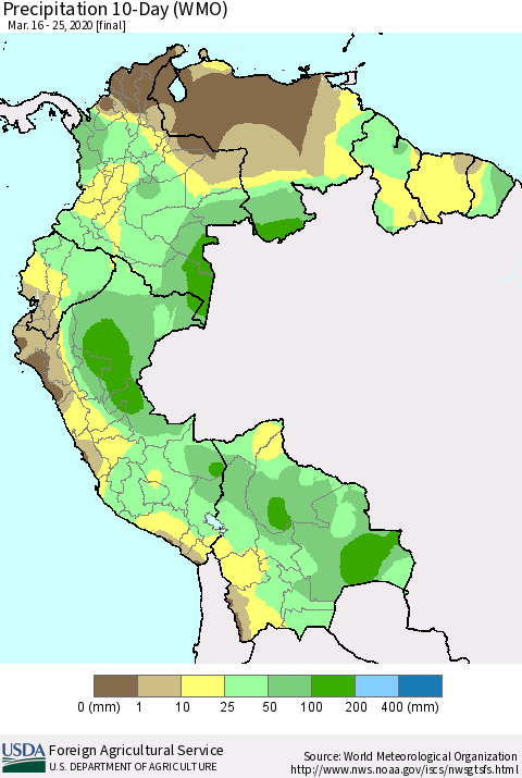 Northern South America Precipitation 10-Day (WMO) Thematic Map For 3/16/2020 - 3/25/2020