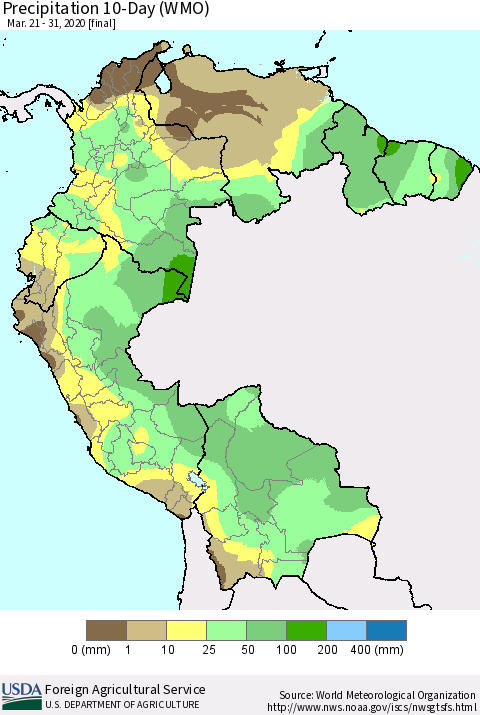 Northern South America Precipitation 10-Day (WMO) Thematic Map For 3/21/2020 - 3/31/2020