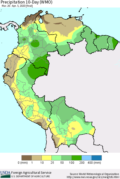 Northern South America Precipitation 10-Day (WMO) Thematic Map For 3/26/2020 - 4/5/2020