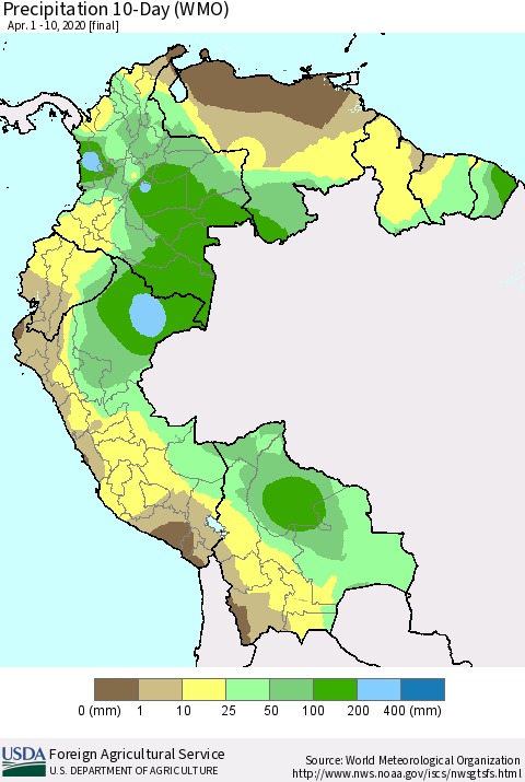 Northern South America Precipitation 10-Day (WMO) Thematic Map For 4/1/2020 - 4/10/2020