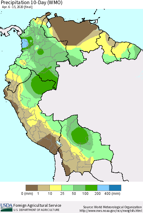 Northern South America Precipitation 10-Day (WMO) Thematic Map For 4/6/2020 - 4/15/2020