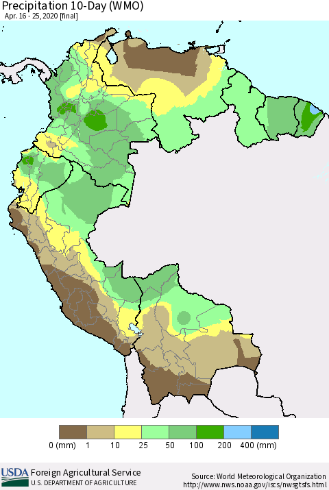 Northern South America Precipitation 10-Day (WMO) Thematic Map For 4/16/2020 - 4/25/2020
