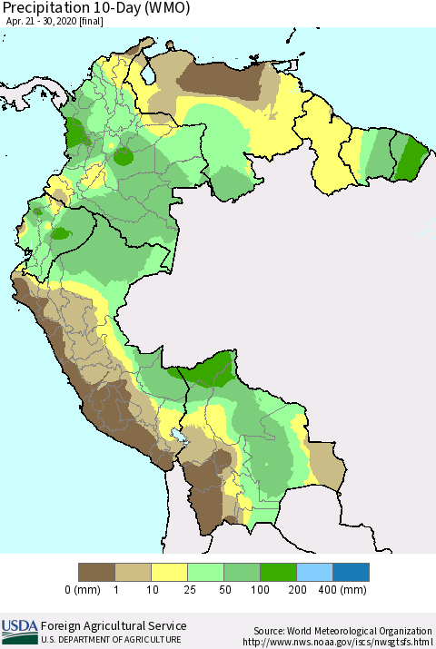 Northern South America Precipitation 10-Day (WMO) Thematic Map For 4/21/2020 - 4/30/2020