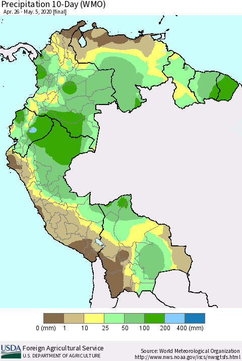 Northern South America Precipitation 10-Day (WMO) Thematic Map For 4/26/2020 - 5/5/2020