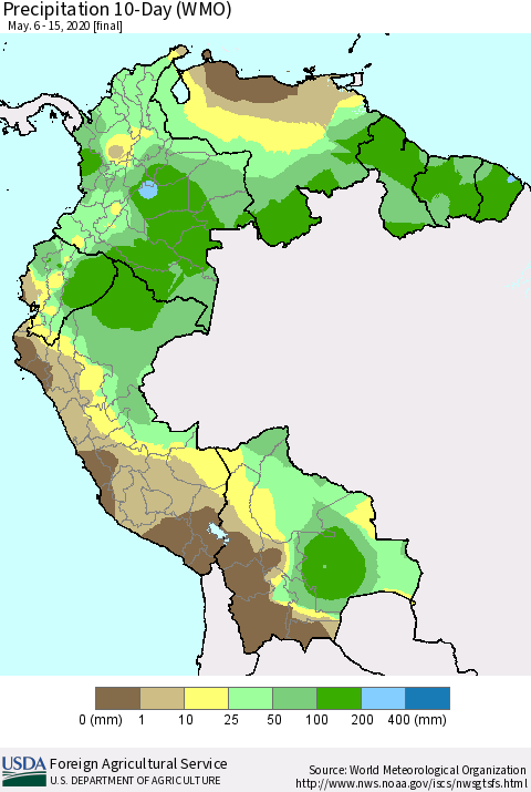 Northern South America Precipitation 10-Day (WMO) Thematic Map For 5/6/2020 - 5/15/2020
