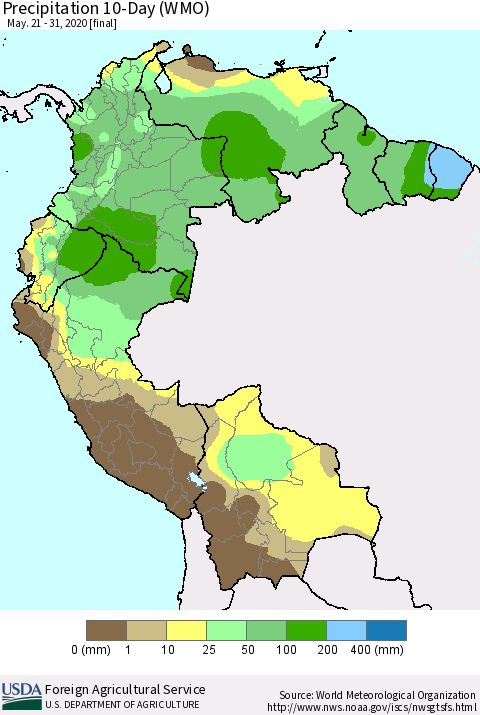 Northern South America Precipitation 10-Day (WMO) Thematic Map For 5/21/2020 - 5/31/2020