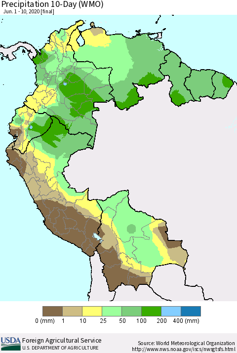 Northern South America Precipitation 10-Day (WMO) Thematic Map For 6/1/2020 - 6/10/2020