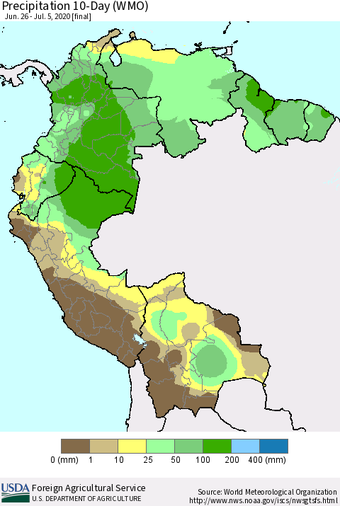 Northern South America Precipitation 10-Day (WMO) Thematic Map For 6/26/2020 - 7/5/2020
