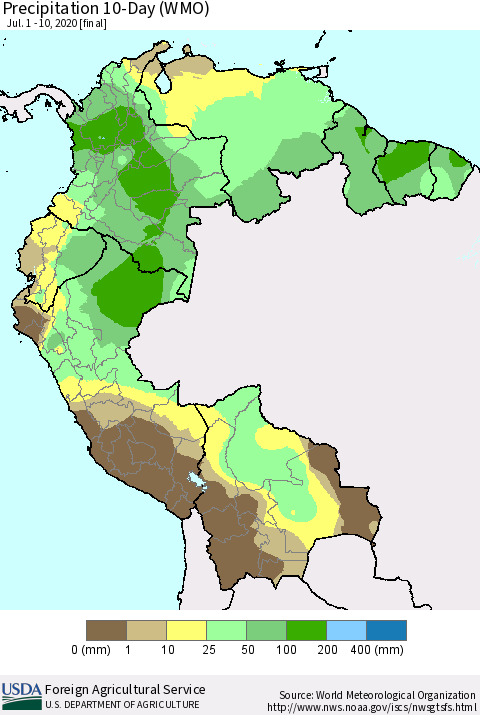 Northern South America Precipitation 10-Day (WMO) Thematic Map For 7/1/2020 - 7/10/2020
