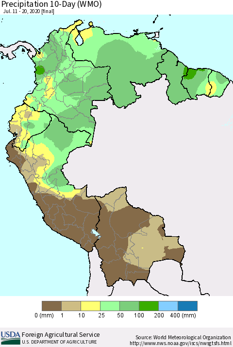 Northern South America Precipitation 10-Day (WMO) Thematic Map For 7/11/2020 - 7/20/2020