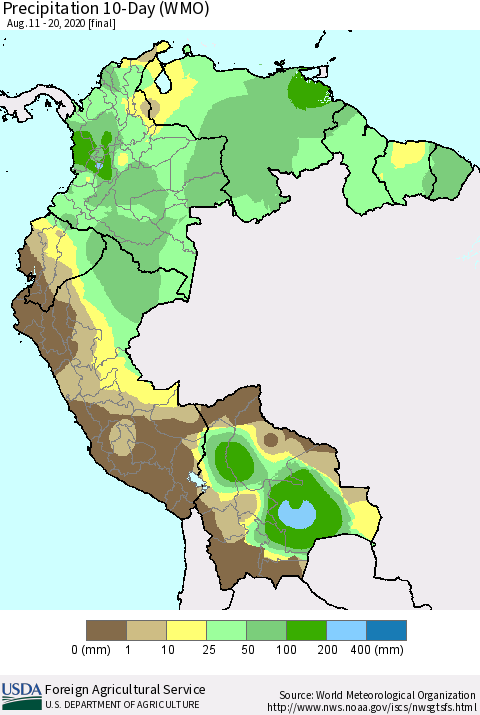 Northern South America Precipitation 10-Day (WMO) Thematic Map For 8/11/2020 - 8/20/2020
