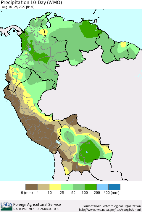 Northern South America Precipitation 10-Day (WMO) Thematic Map For 8/16/2020 - 8/25/2020