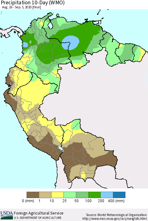 Northern South America Precipitation 10-Day (WMO) Thematic Map For 8/26/2020 - 9/5/2020