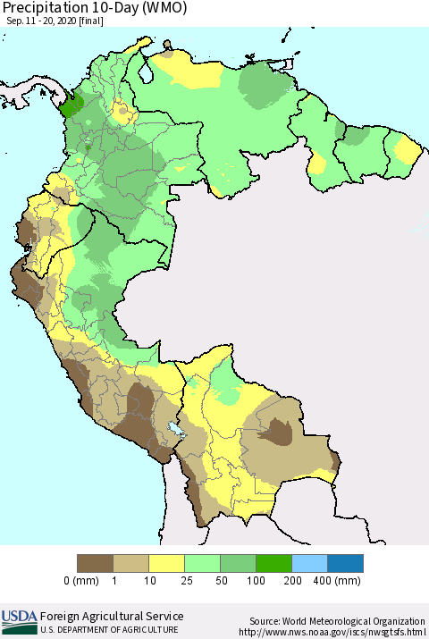 Northern South America Precipitation 10-Day (WMO) Thematic Map For 9/11/2020 - 9/20/2020