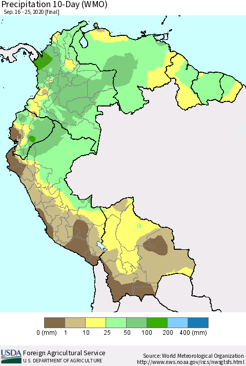 Northern South America Precipitation 10-Day (WMO) Thematic Map For 9/16/2020 - 9/25/2020