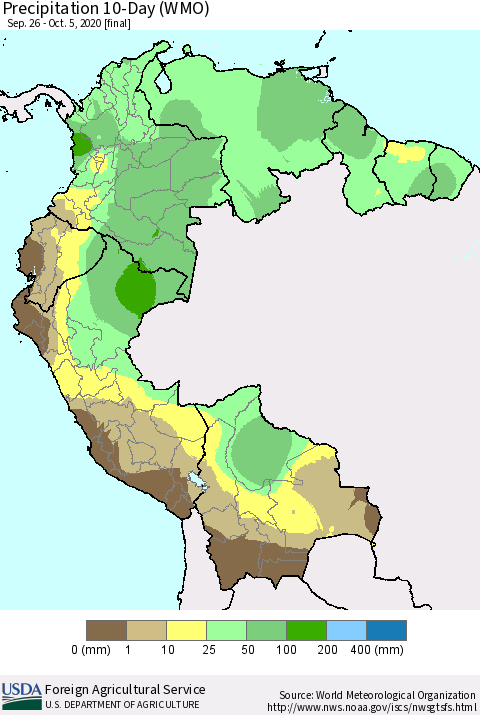 Northern South America Precipitation 10-Day (WMO) Thematic Map For 9/26/2020 - 10/5/2020