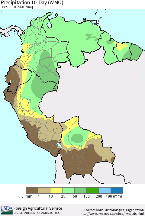 Northern South America Precipitation 10-Day (WMO) Thematic Map For 10/1/2020 - 10/10/2020