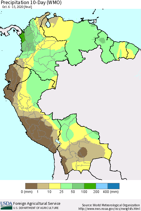 Northern South America Precipitation 10-Day (WMO) Thematic Map For 10/6/2020 - 10/15/2020