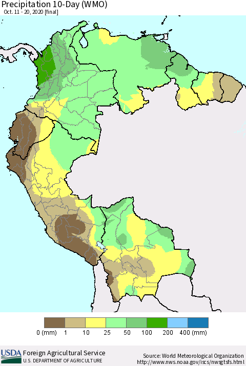Northern South America Precipitation 10-Day (WMO) Thematic Map For 10/11/2020 - 10/20/2020