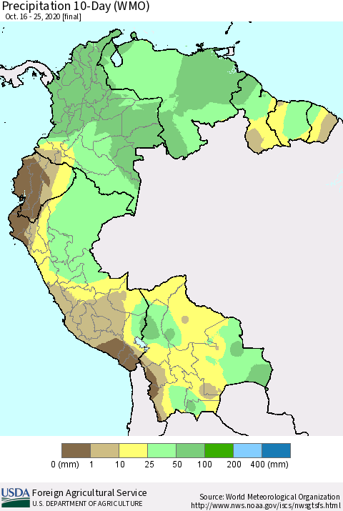 Northern South America Precipitation 10-Day (WMO) Thematic Map For 10/16/2020 - 10/25/2020