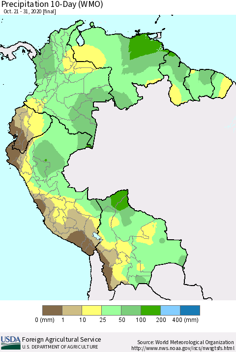 Northern South America Precipitation 10-Day (WMO) Thematic Map For 10/21/2020 - 10/31/2020