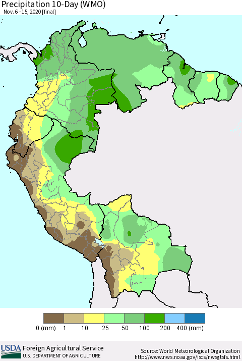 Northern South America Precipitation 10-Day (WMO) Thematic Map For 11/6/2020 - 11/15/2020