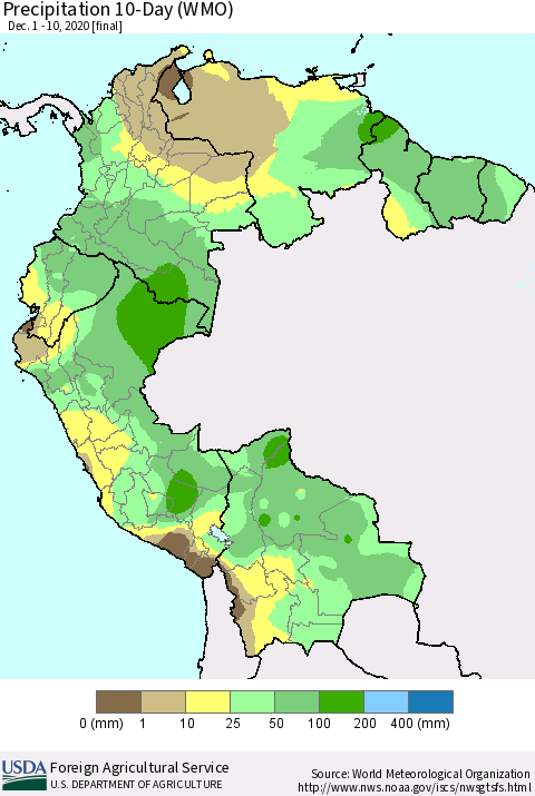 Northern South America Precipitation 10-Day (WMO) Thematic Map For 12/1/2020 - 12/10/2020