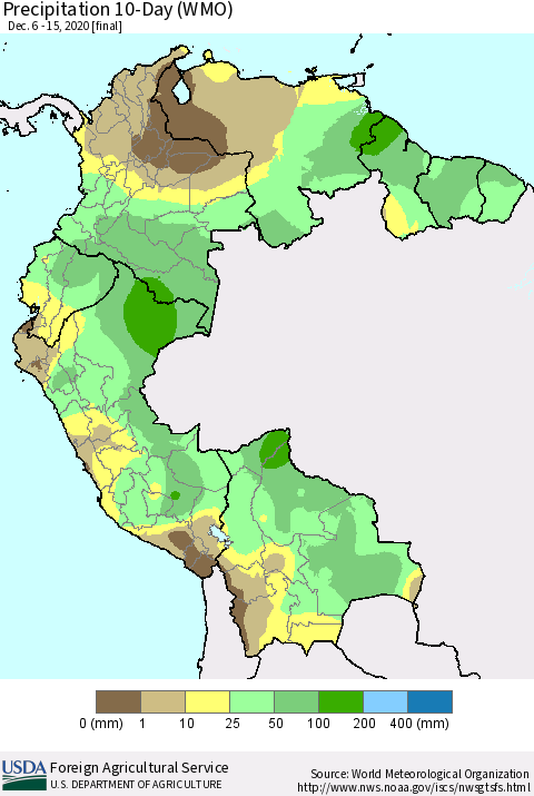 Northern South America Precipitation 10-Day (WMO) Thematic Map For 12/6/2020 - 12/15/2020