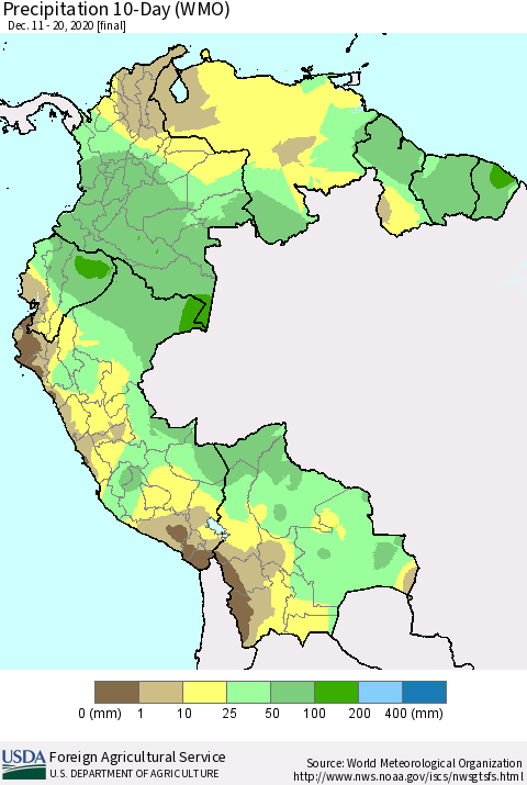 Northern South America Precipitation 10-Day (WMO) Thematic Map For 12/11/2020 - 12/20/2020