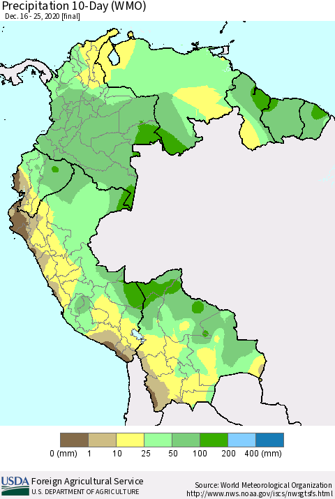 Northern South America Precipitation 10-Day (WMO) Thematic Map For 12/16/2020 - 12/25/2020