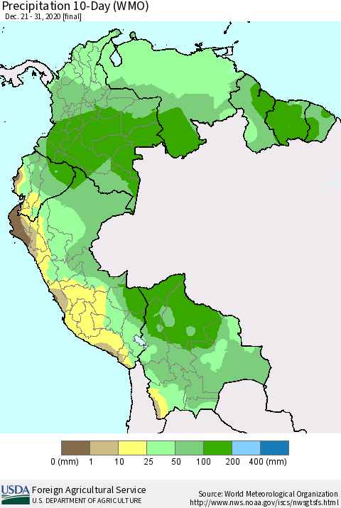 Northern South America Precipitation 10-Day (WMO) Thematic Map For 12/21/2020 - 12/31/2020