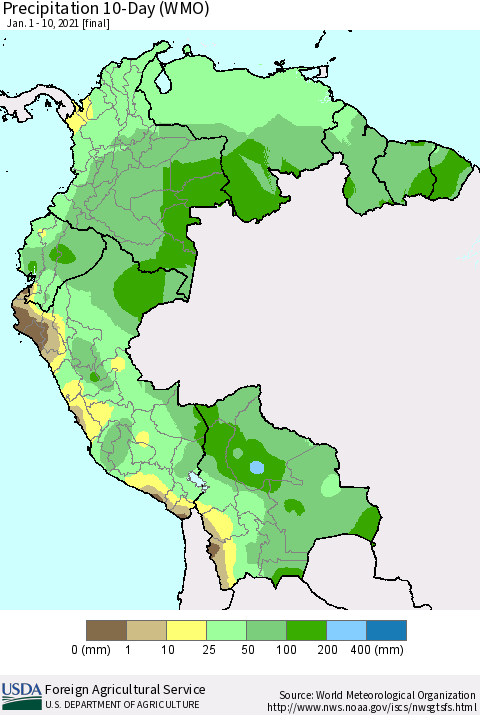 Northern South America Precipitation 10-Day (WMO) Thematic Map For 1/1/2021 - 1/10/2021