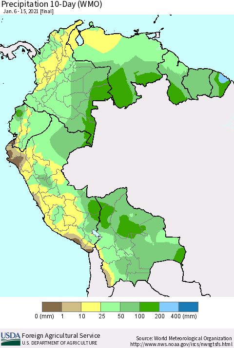 Northern South America Precipitation 10-Day (WMO) Thematic Map For 1/6/2021 - 1/15/2021